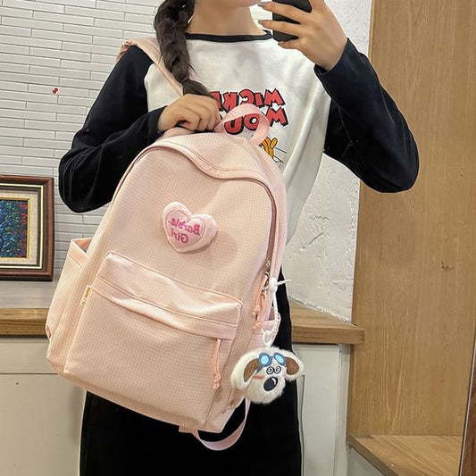 Plaid Nylon Backpack / Brooch / Set