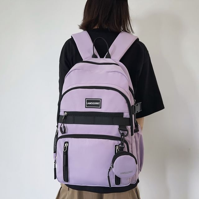 Set: Lettering Applique Nylon Backpack + Coin Purse