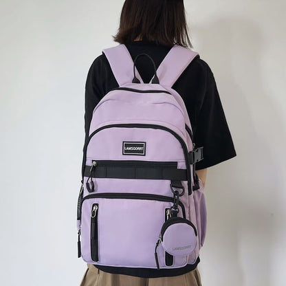 Set: Lettering Applique Nylon Backpack + Coin Purse