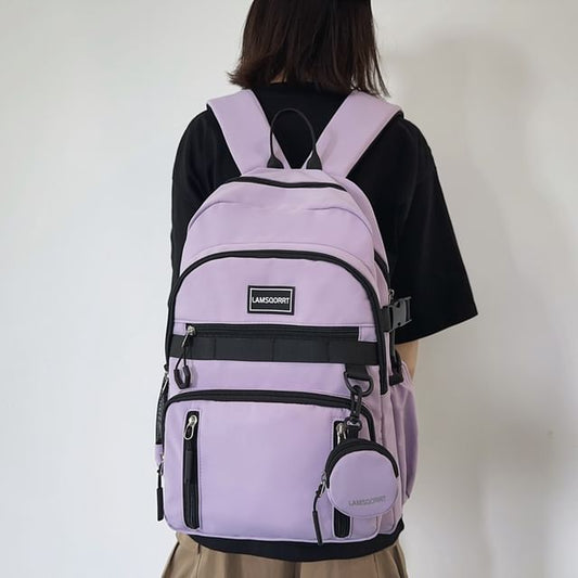 Set: Lettering Applique Nylon Backpack + Coin Purse