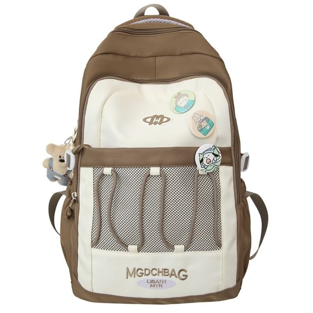 Lettering Embroidered Drawstring Mesh Panel Nylon Backpack / Brooch / Set