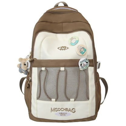 Lettering Embroidered Drawstring Mesh Panel Nylon Backpack / Brooch / Set