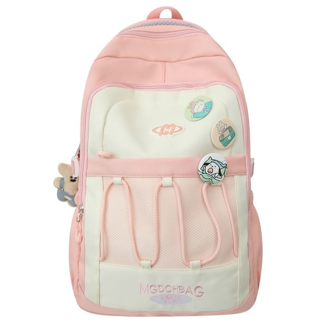 Lettering Embroidered Drawstring Mesh Panel Nylon Backpack / Brooch / Set