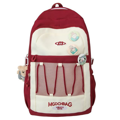 Lettering Embroidered Drawstring Mesh Panel Nylon Backpack / Brooch / Set