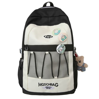 Lettering Embroidered Drawstring Mesh Panel Nylon Backpack / Brooch / Set