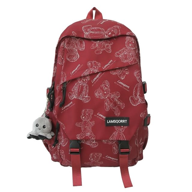 Bear Print Buckled Nylon Backpack