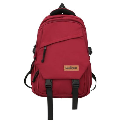 Lettering Applique Buckled Nylon Backpack