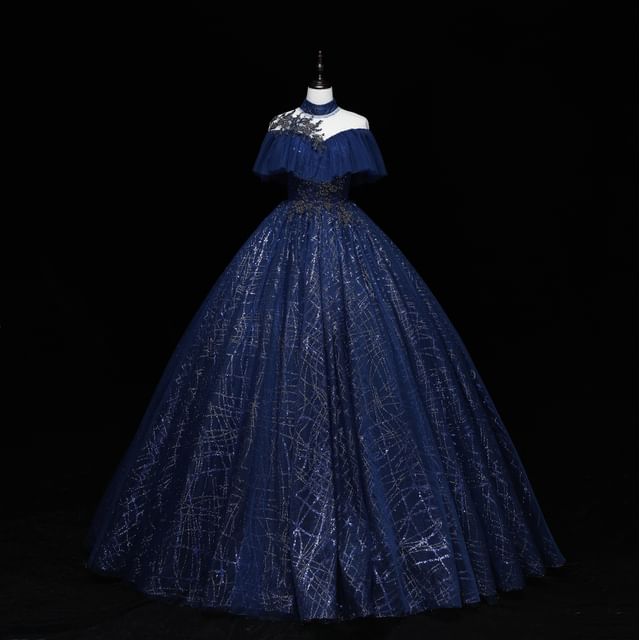 Cap-Sleeve Neck Sequin Ball Gown Mock