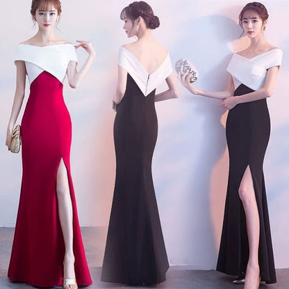 Gown Mermaid Slit Cap-Sleeve Tone Off-Shoulder Two Evening