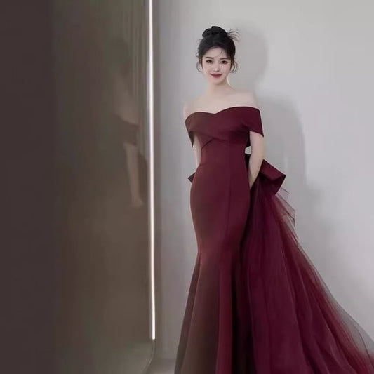 Gown Off-Shoulder Panel Mermaid Evening Bow Mesh Plain