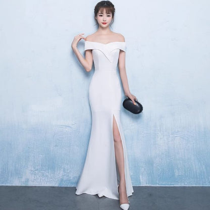 Evening Off-Shoulder Gown Slit Mermaid Plain