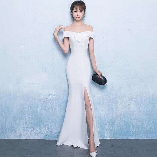 Evening Off-Shoulder Gown Slit Mermaid Plain