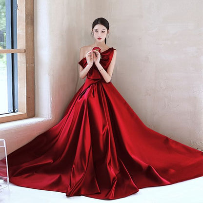A-Line Plain One-Shoulder Evening Gown Sleeveless Bow