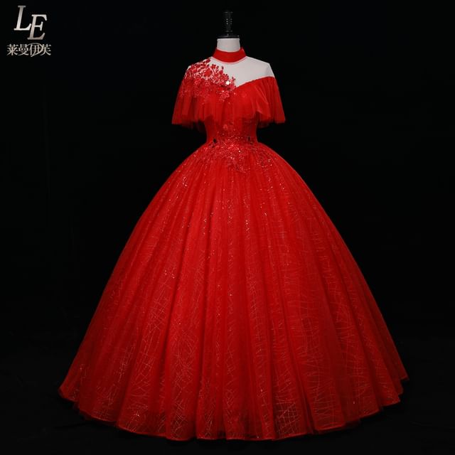 Cap-Sleeve Neck Sequin Ball Gown Mock