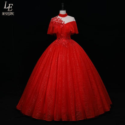 Cap-Sleeve Mock Neck Sequin Ball Gown