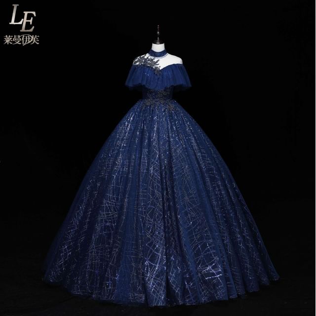 Cap-Sleeve Neck Sequin Ball Gown Mock