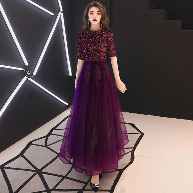 Round Neck Sequin Mesh Panel A-Line Evening Dress (Various Designs)