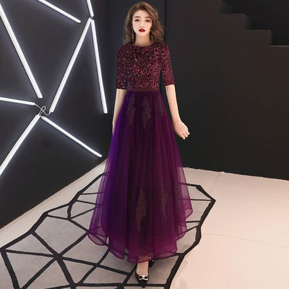 Round Neck Sequin Mesh Panel A-Line Evening Dress (Various Designs)