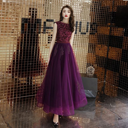 Round Neck Sequin Mesh Panel A-Line Evening Dress (Various Designs)