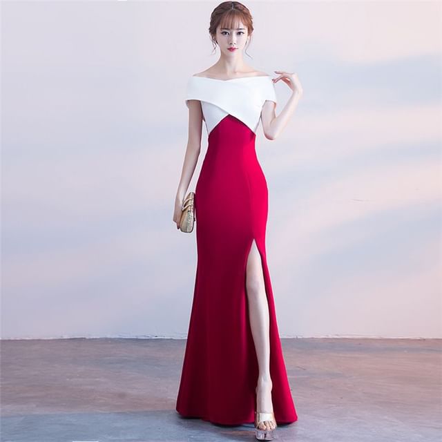 Cap-Sleeve Off-Shoulder Two Tone Slit Mermaid Evening Gown