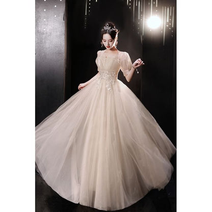 Sequin Designs) Short-Sleeve Tulle Gown A-Line Evening (Various