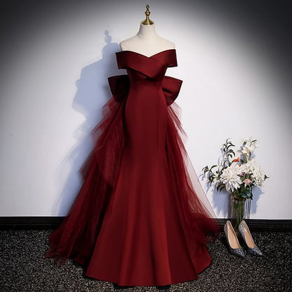 Off-Shoulder Plain Bow Mesh Panel Mermaid Evening Gown