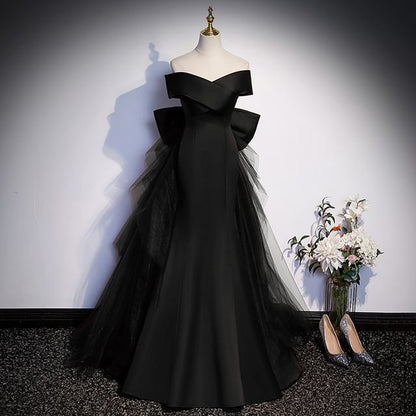 Off-Shoulder Plain Bow Mesh Panel Mermaid Evening Gown