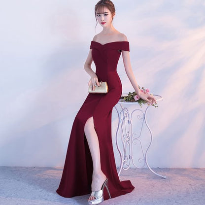 Off-Shoulder Plain Slit  Mermaid Evening Gown