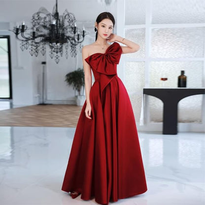 A-Line Plain One-Shoulder Evening Gown Sleeveless Bow