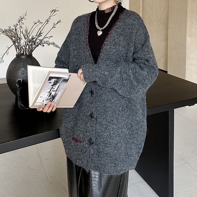 V-Neck Contrast Stitch Knit Jacket