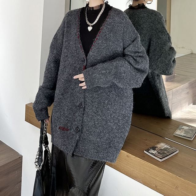 V-Neck Contrast Stitch Knit Jacket