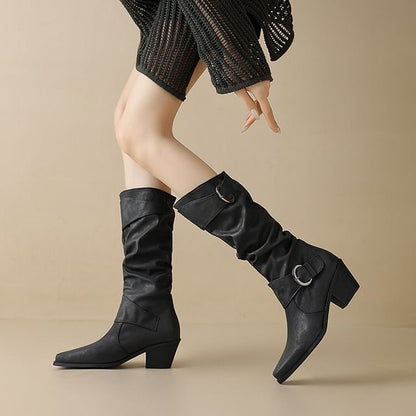 Square Toe Buckled Block Heel Knee High Boots