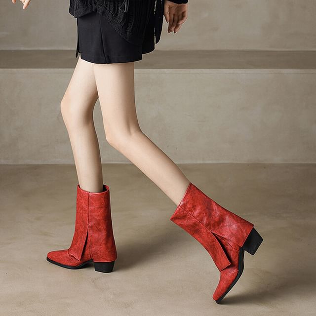 Square Toe Panel Block Heel Mid Calf Boots