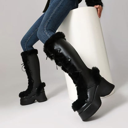 Platform Panel Fluffy Lace Up Knee High Boots