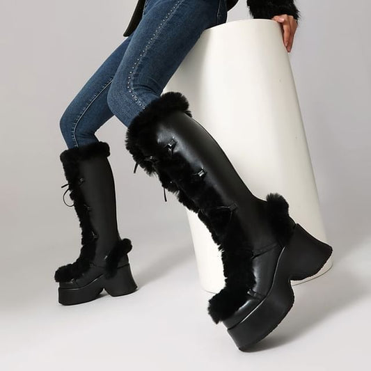 Platform Panel Fluffy Lace Up Knee High Boots