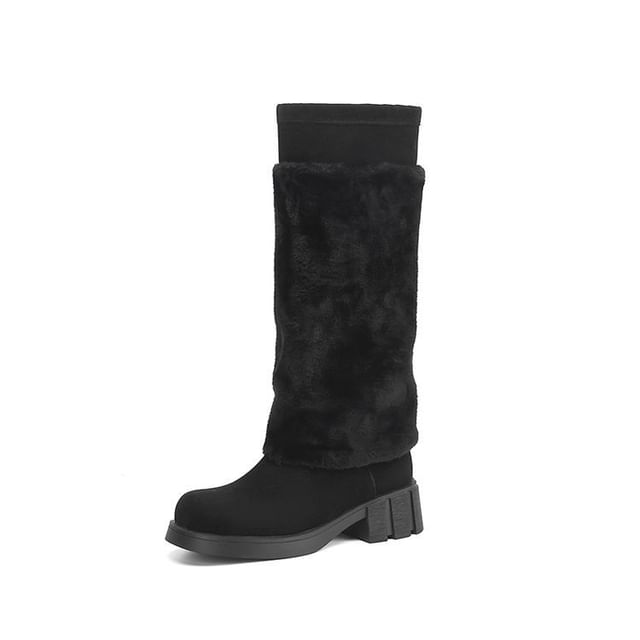 Platform Fluffy Panel Faux Suede Knee High Boots