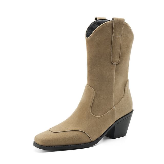 Square Toe Panel Faux Suede Block Heel Mid Calf Boots