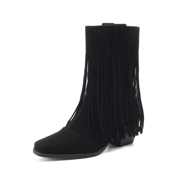 Square Toe Fringe Faux Suede Block Heel Mid Calf Boots