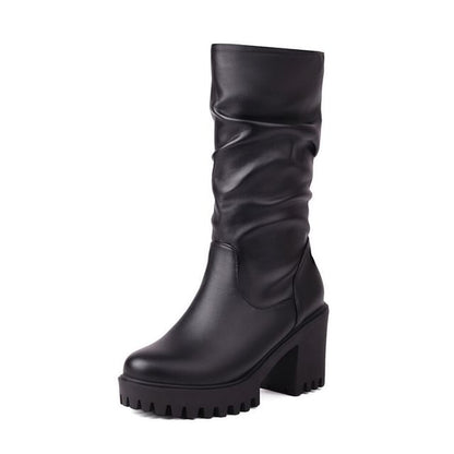 Platform Block Heel Mid Calf Boots