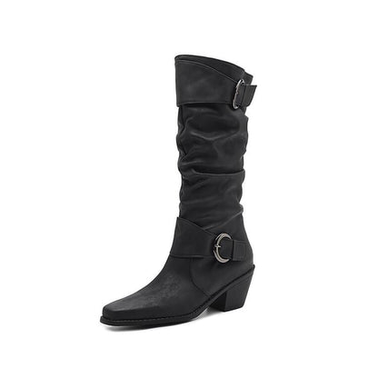Square Toe Buckled Block Heel Knee High Boots