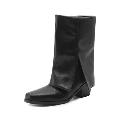 Square Toe Panel Block Heel Mid Calf Boots