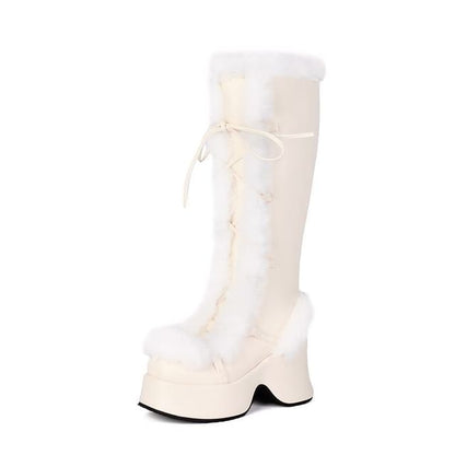 Platform Panel Fluffy Lace Up Knee High Boots