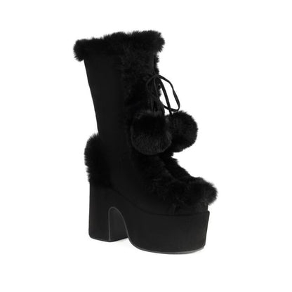 Platform Pom Pom Panel Fluffy Block Heel Mid Calf Boots