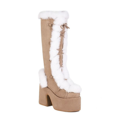 Platform Fluffy Panel Faux Suede Lace Up Knee High Boots