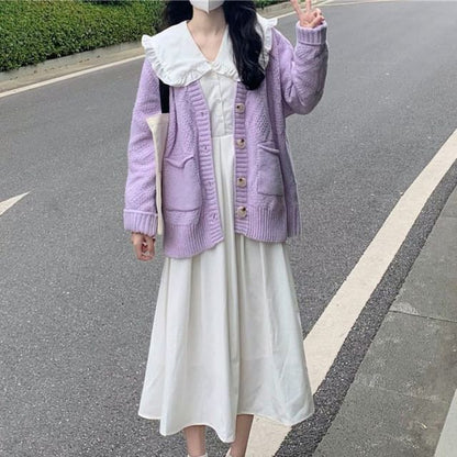 Long-Sleeve Collared Solid Midi A-Line Dress & Cardigan Set