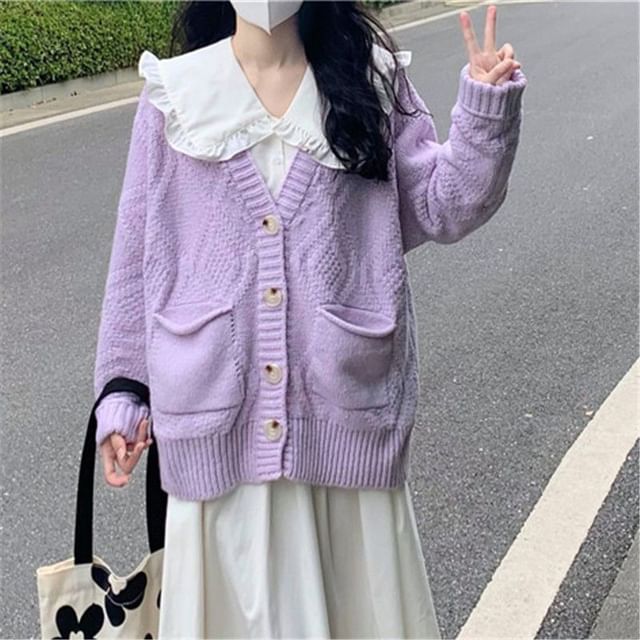 Long-Sleeve Collared Solid Midi A-Line Dress & Cardigan Set