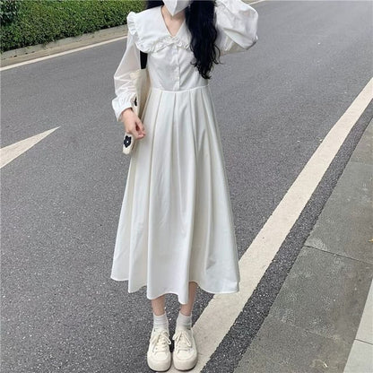 Long-Sleeve Collared Solid Midi A-Line Dress & Cardigan Set