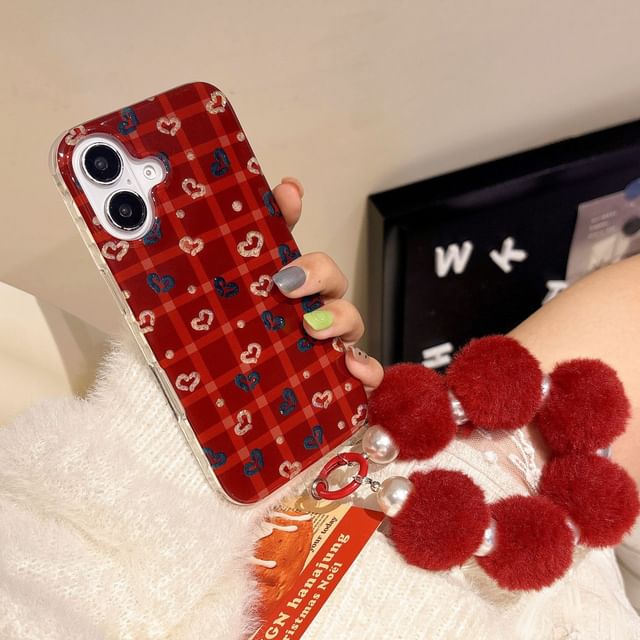 Pom Set Case Plaid / Phone Heart Strap