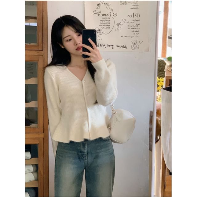 V-Neck Faux Pearl Button-Front Cardigan
