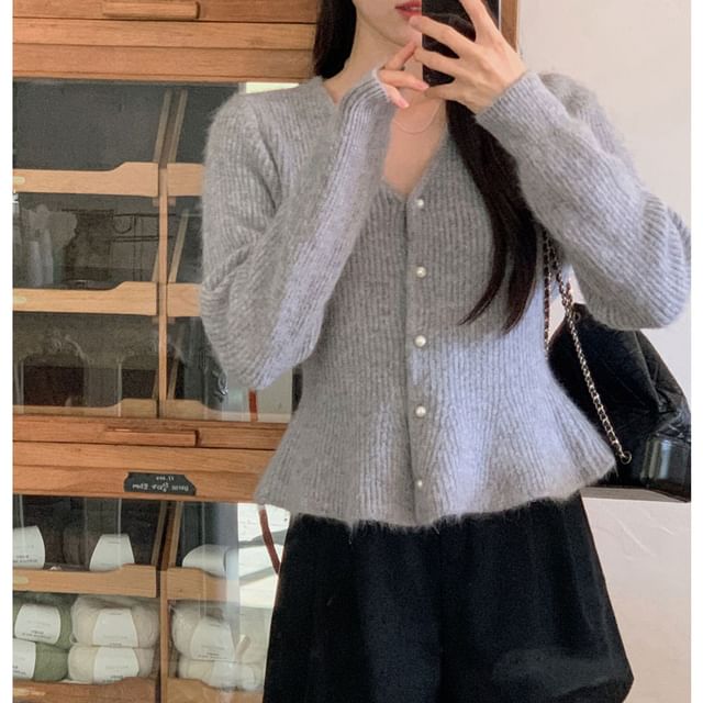 V-Neck Faux Pearl Button-Front Cardigan
